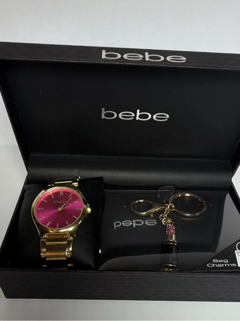 bebe Gold-Tone Watch with Pink Dial and Keychain Charm